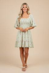 Mint Floral Embroidered Smocked Maternity Dress