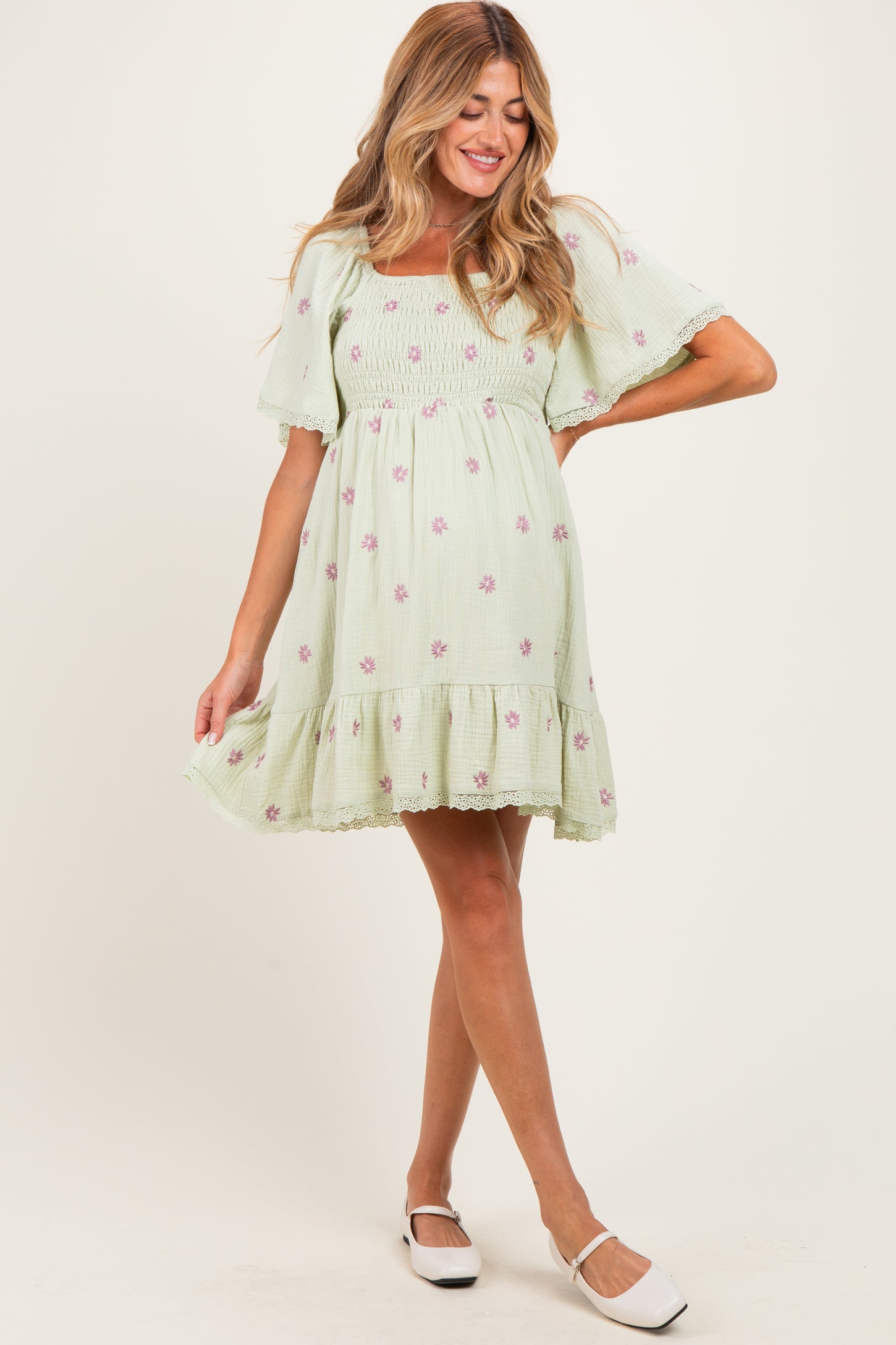 Mint Floral Embroidered Smocked Maternity Dress