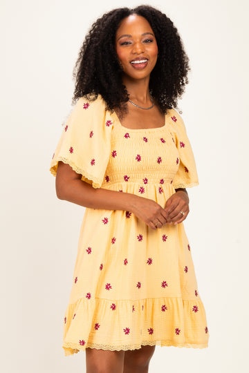 Yellow Floral Embroidered Smocked Dress