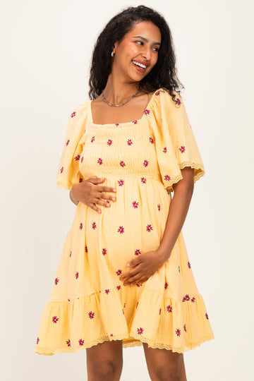 Yellow Floral Embroidered Smocked Maternity Dress