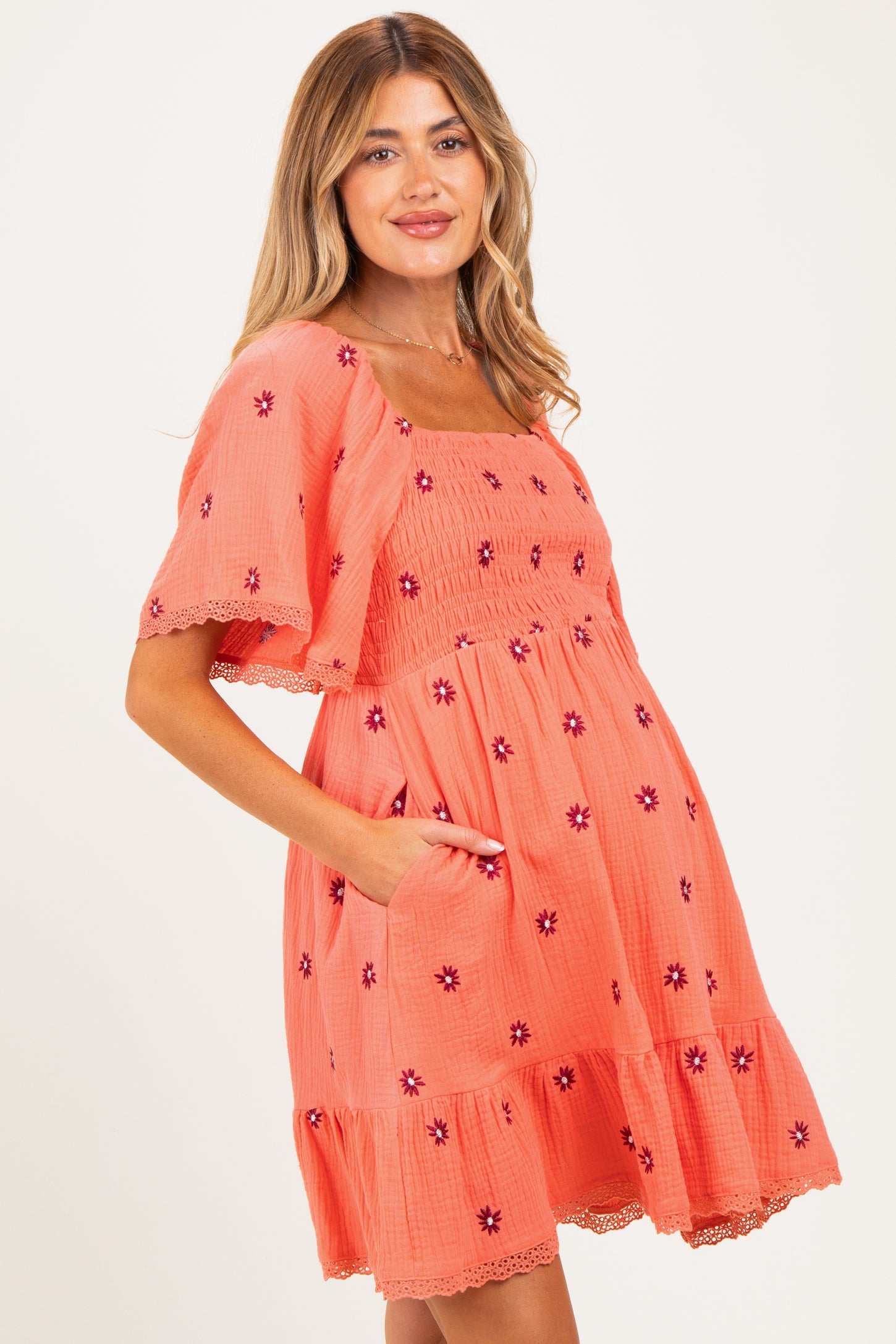 Light Orange Floral Embroidered Smocked Maternity Dress