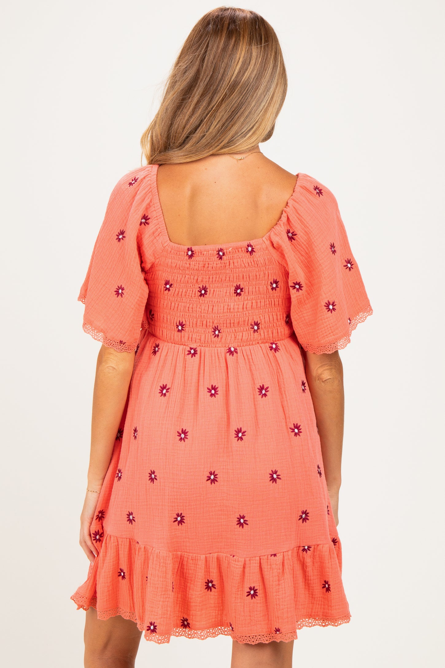 Light Orange Floral Embroidered Smocked Maternity Dress