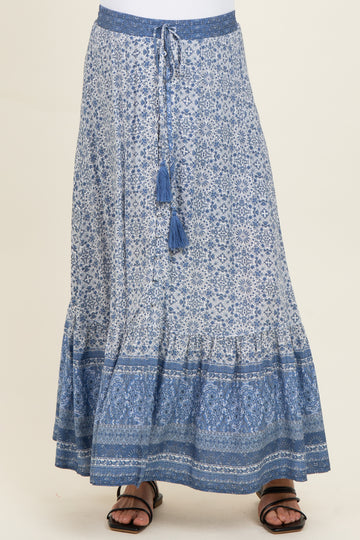 Blue Boho Print Drawstring Smocked Waist Maternity Maxi Skirt