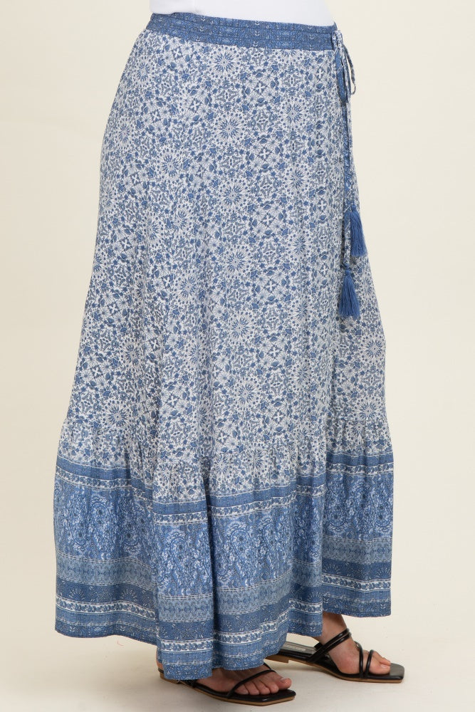 Blue Boho Print Drawstring Smocked Waist Maternity Maxi Skirt