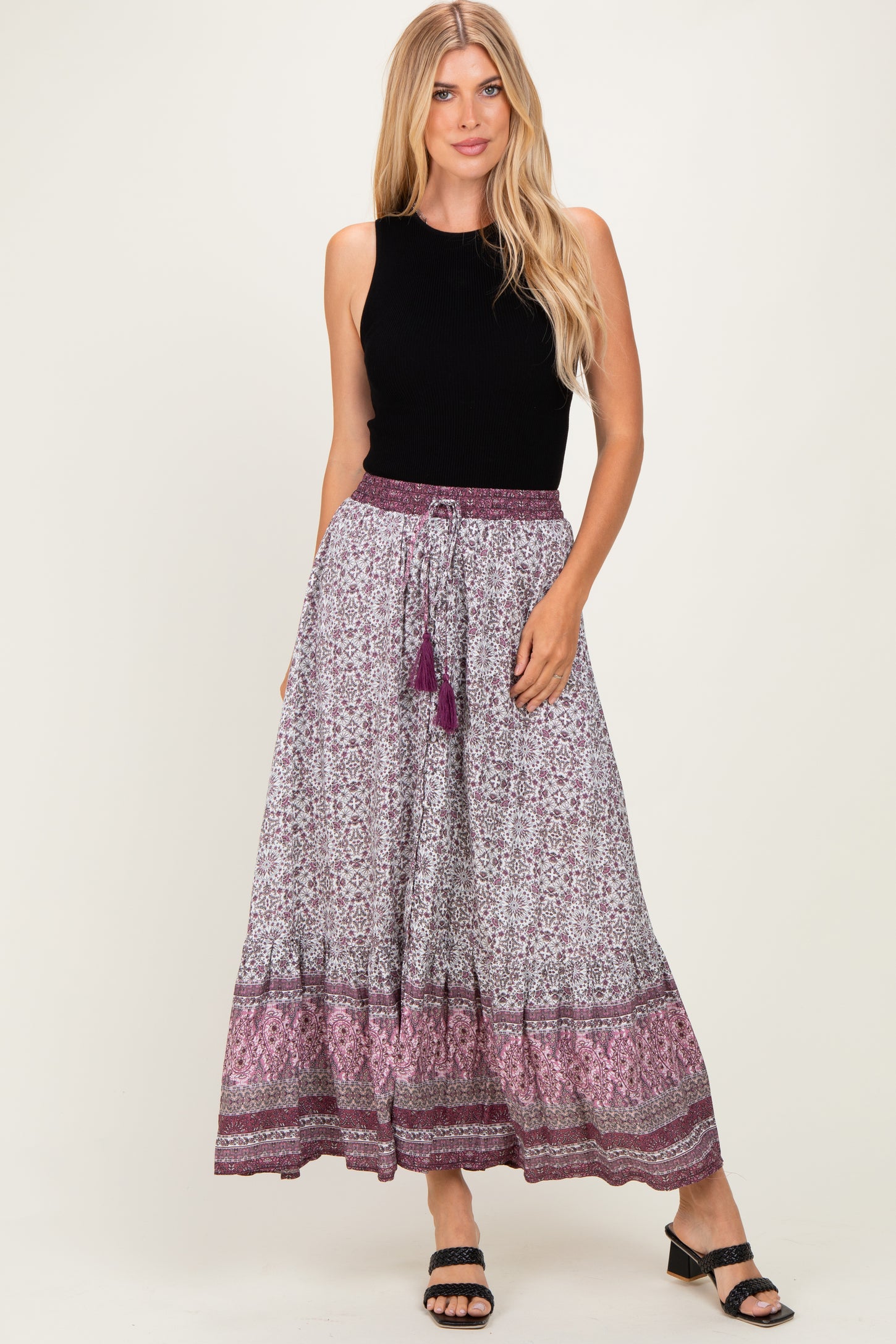 Rose Boho Print Drawstring Smocked Waist Maxi Skirt