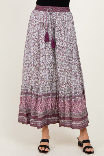 Rose Boho Print Drawstring Smocked Waist Maxi Skirt