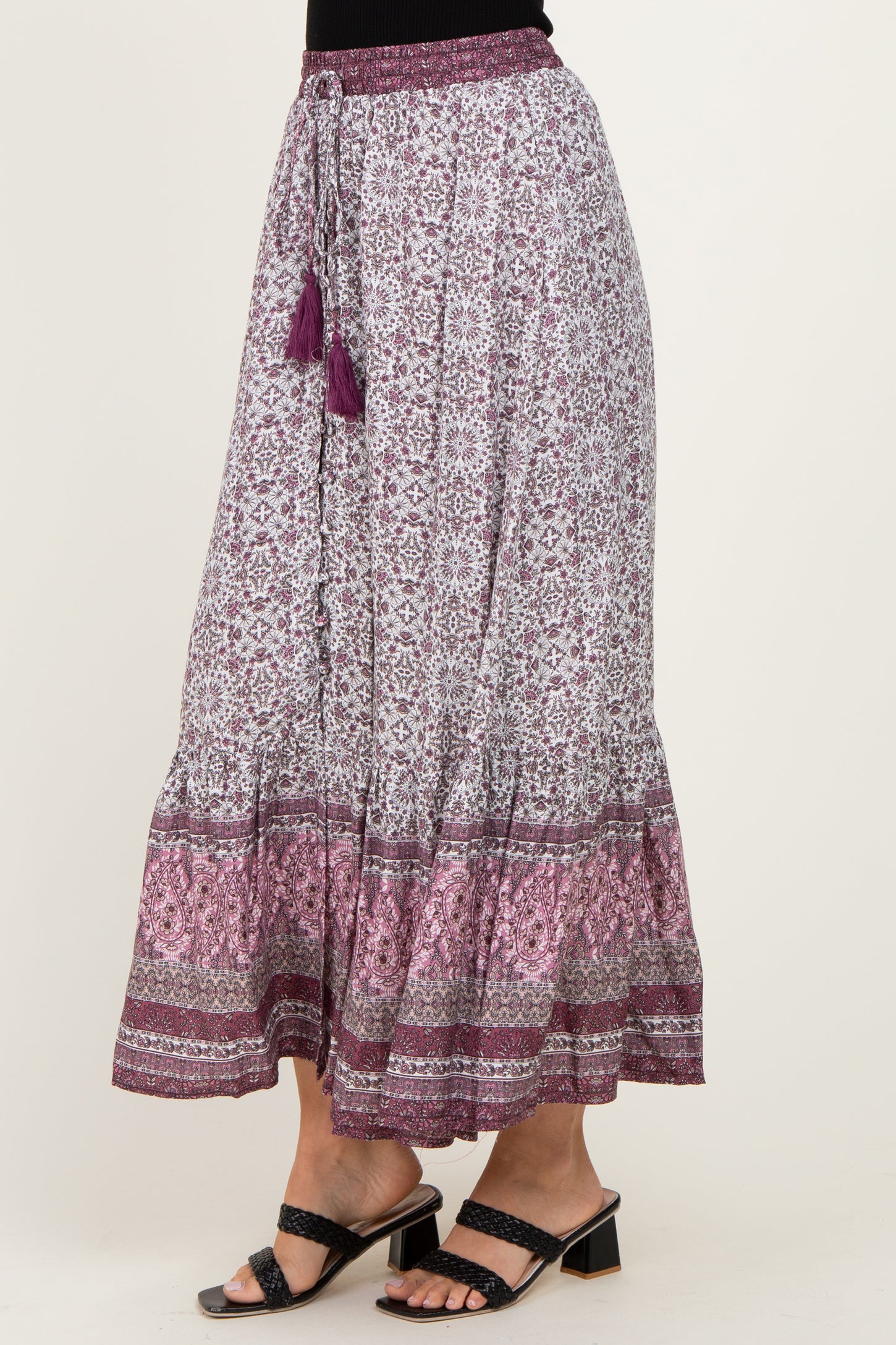 Rose Boho Print Drawstring Smocked Waist Maxi Skirt
