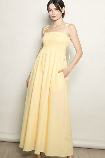 Yellow Smocked Shoulder Tie Maxi Dress