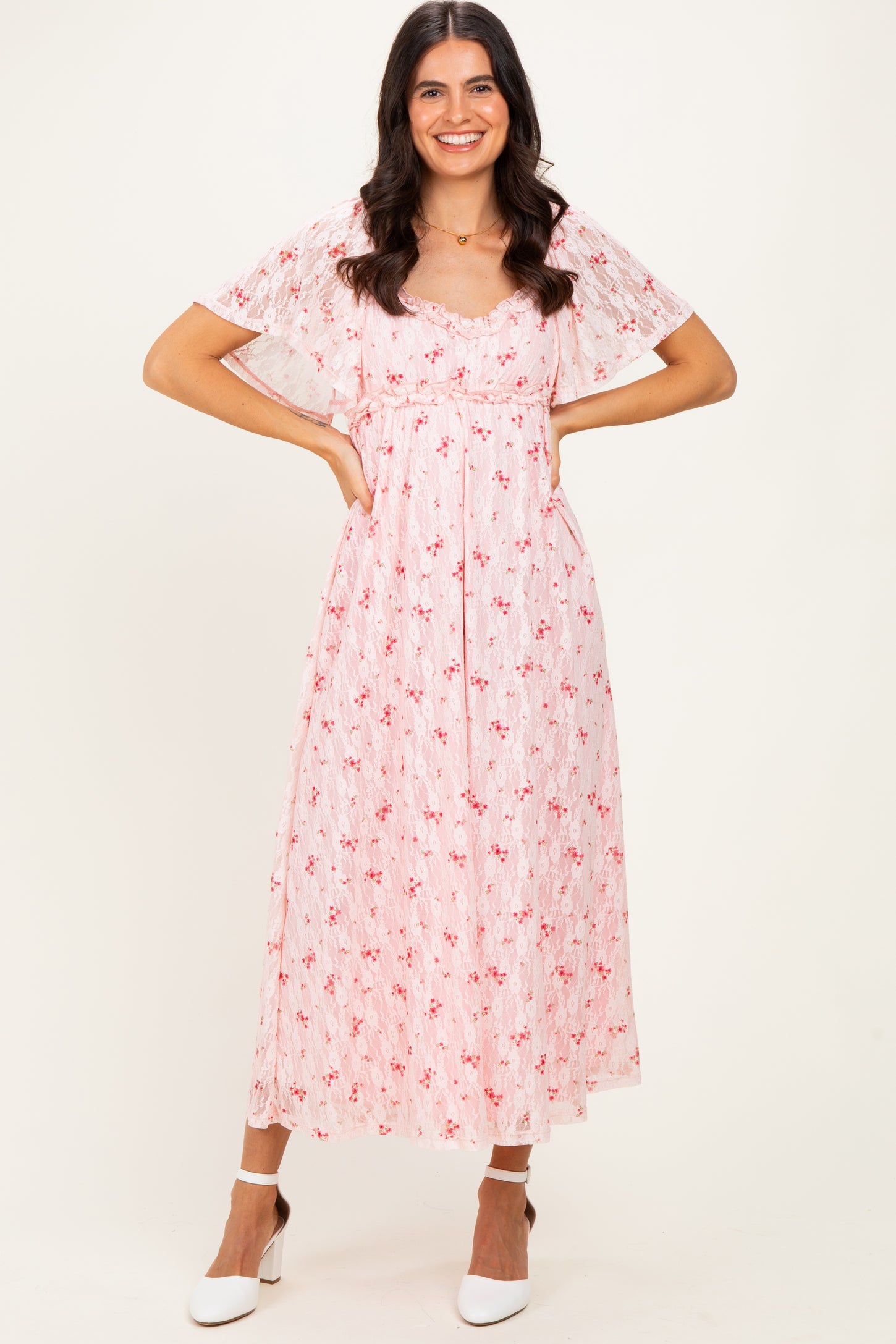 Peach Floral Lace Maxi Dress