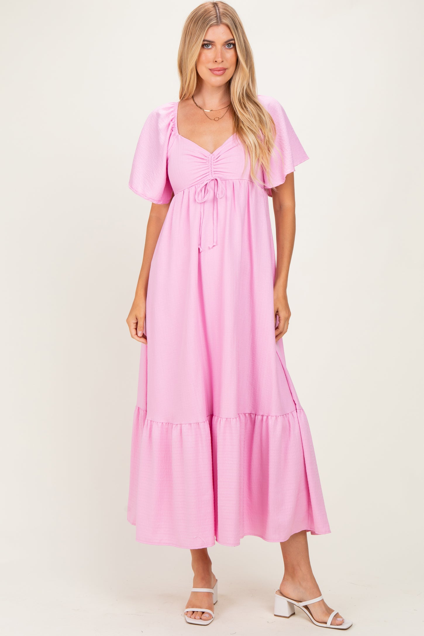 Pink Flutter Sleeve Ruffle Hem Maxi Dress