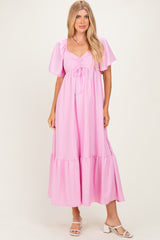 Pink Flutter Sleeve Ruffle Hem Maxi Dress