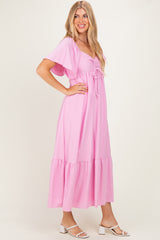 Pink Flutter Sleeve Ruffle Hem Maxi Dress
