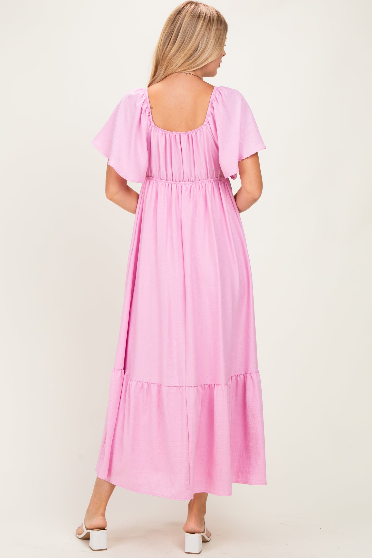 Pink Flutter Sleeve Ruffle Hem Maxi Dress