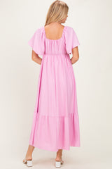 Pink Flutter Sleeve Ruffle Hem Maxi Dress