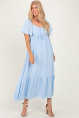 Light Blue Flutter Sleeve Ruffle Hem Maxi Dress