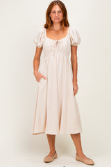 Beige Smocked Waist Short Sleeve Midi Dress