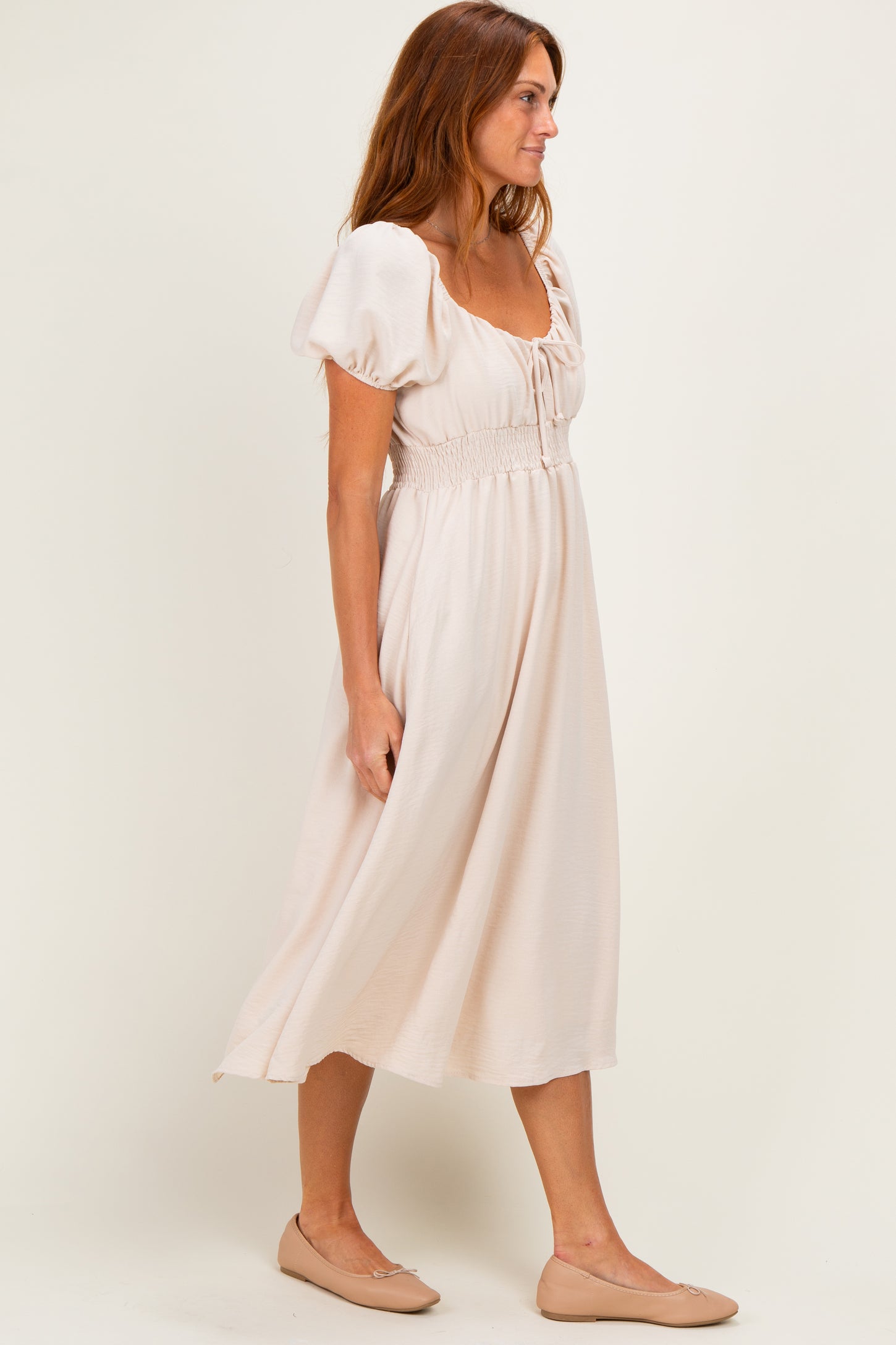 Beige Smocked Waist Short Sleeve Midi Dress