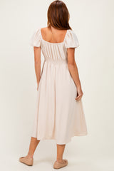 Beige Smocked Waist Short Sleeve Midi Dress