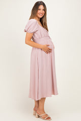 Light Pink Smocked Waist Short Sleeve Maternity Midi Dress