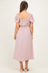 Light Pink Smocked Waist Short Sleeve Maternity Midi Dress