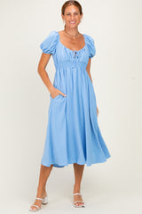 Light Blue Smocked Waist Short Sleeve Maternity Midi Dress