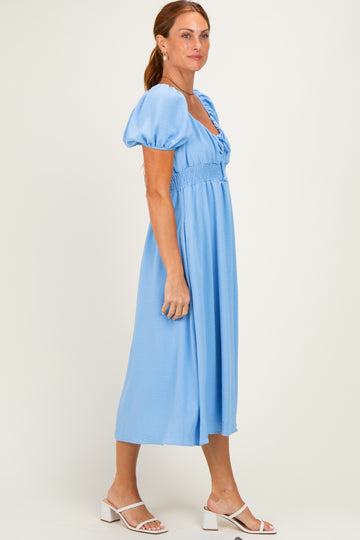 Light Blue Smocked Waist Short Sleeve Midi Dress