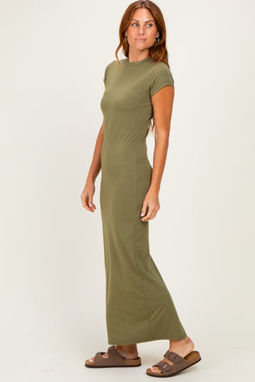 Olive Fitted Short Sleeve Maxi Dress