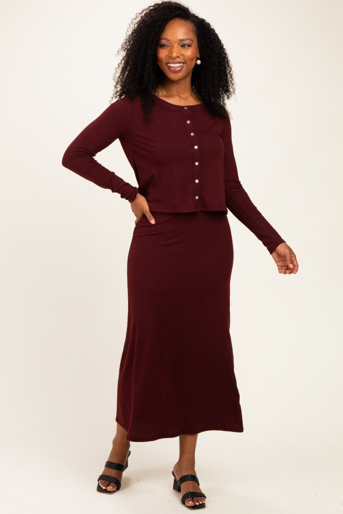 Burgundy Knit Dress Cardigan Set