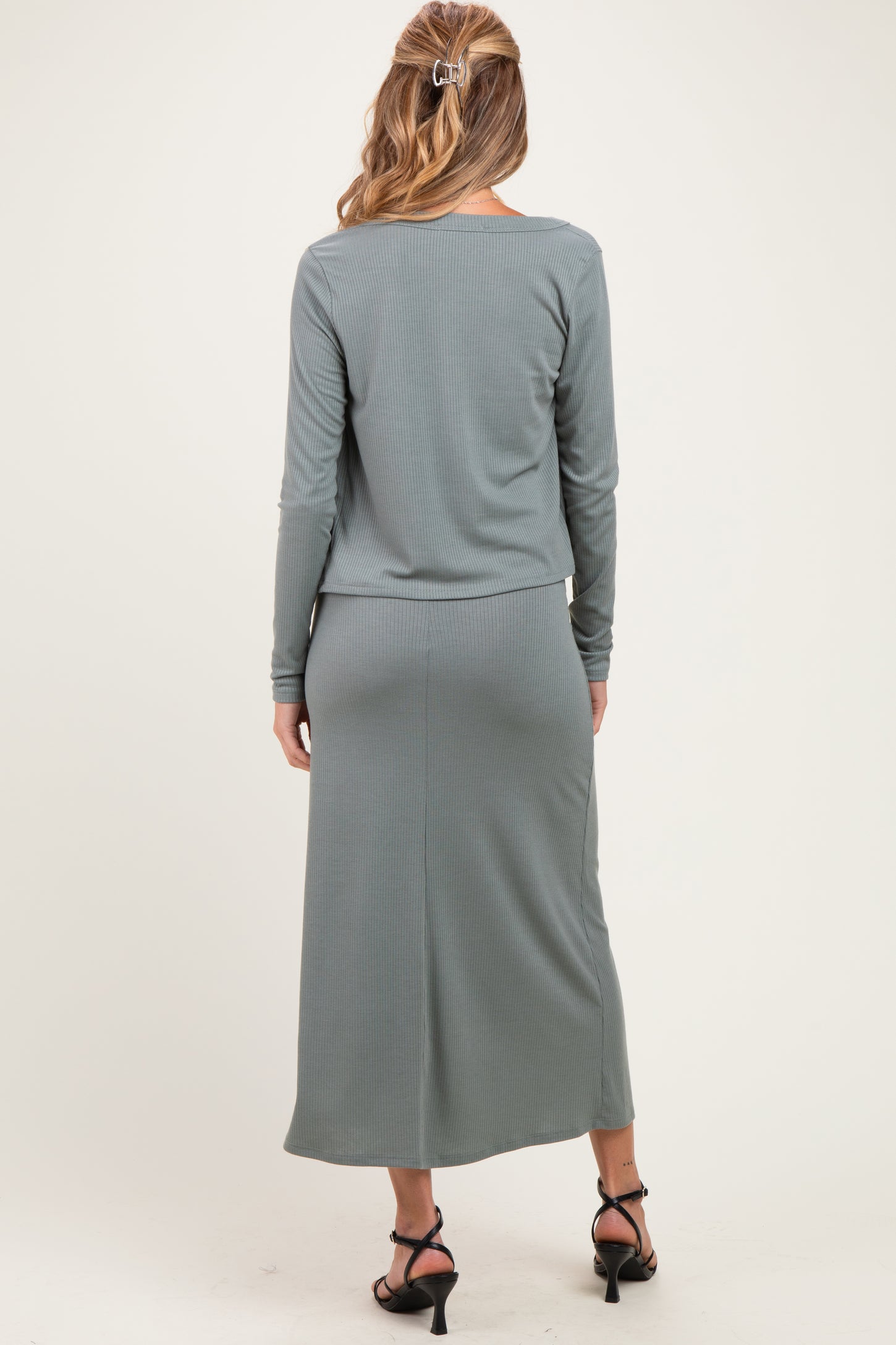 Olive Knit Dress Maternity Cardigan Set