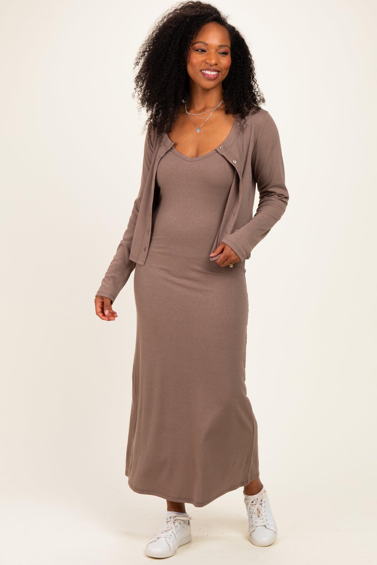 Mocha Knit Dress Maternity Cardigan Set