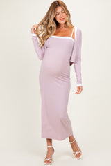 Light Pink/ White Color Block Sleeveless Fitted Dress Maternity Cardigan Set