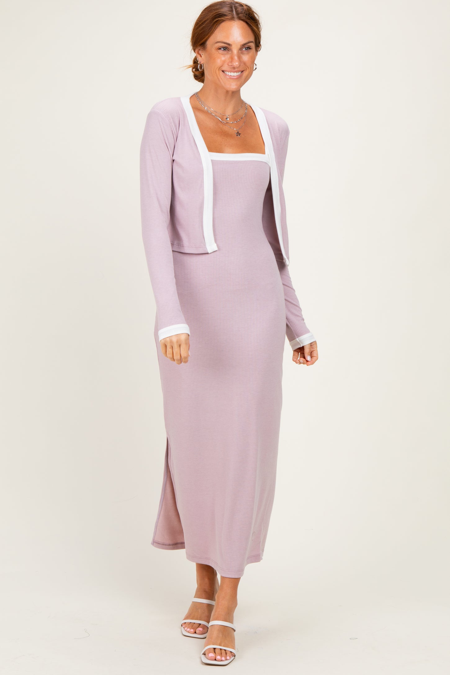 Light Pink/ White Color Block Sleeveless Fitted Dress Cardigan Set