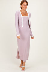 Light Pink/ White Color Block Sleeveless Fitted Dress Cardigan Set