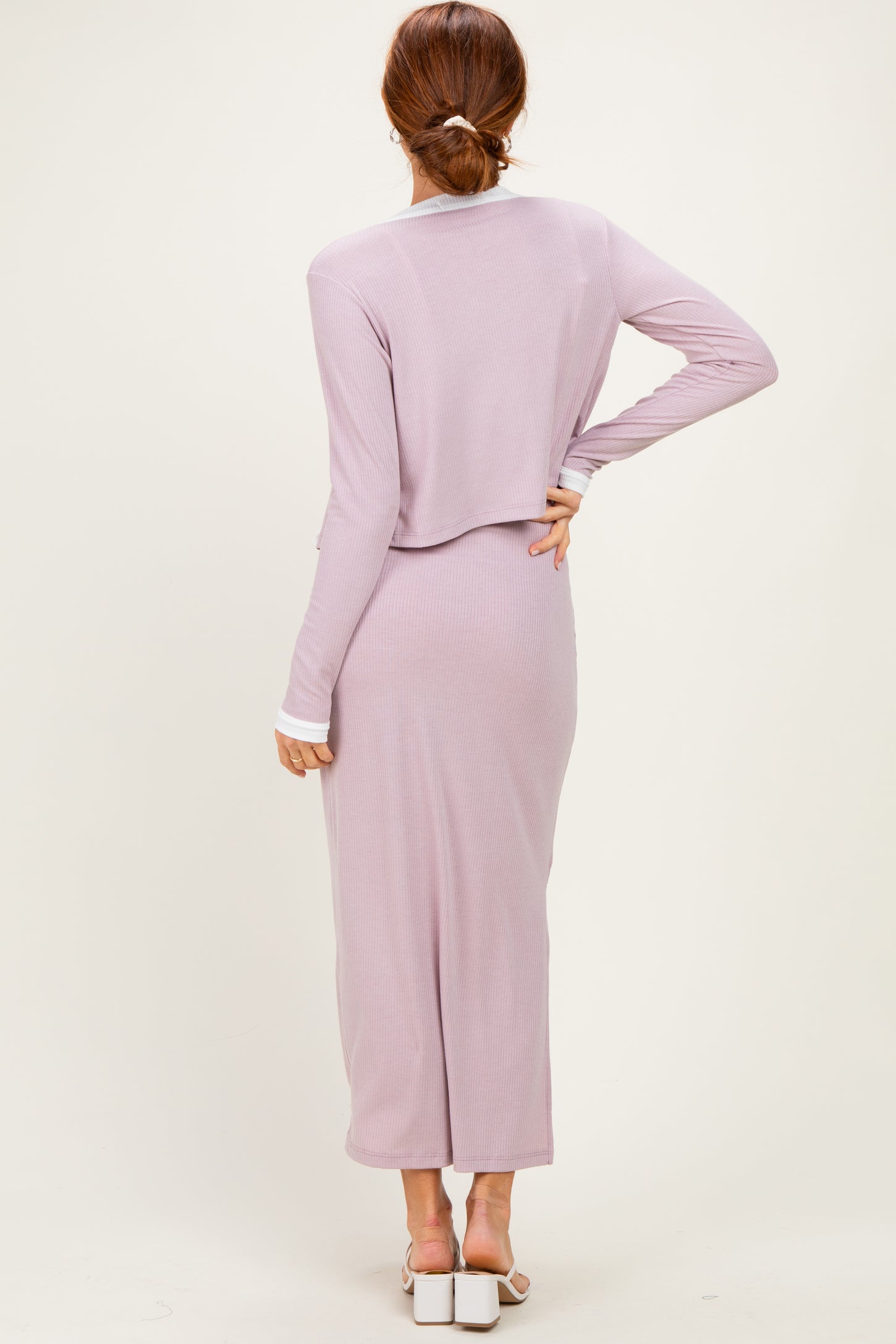 Light Pink/ White Color Block Sleeveless Fitted Dress Cardigan Set