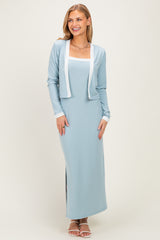 Light Blue/ White Color Block Sleeveless Fitted Dress Cardigan Set