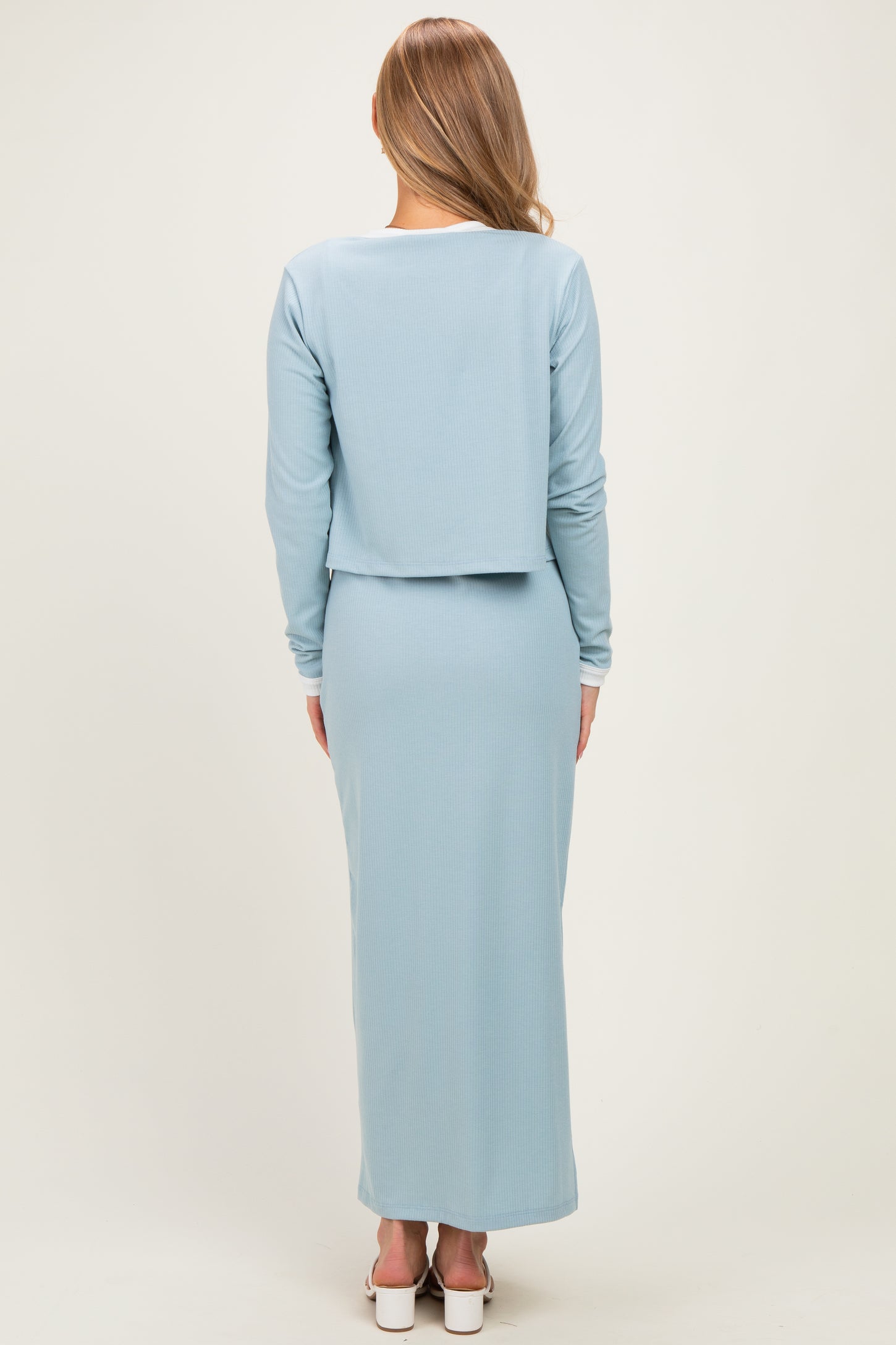 Light Blue/ White Color Block Sleeveless Fitted Dress Cardigan Set