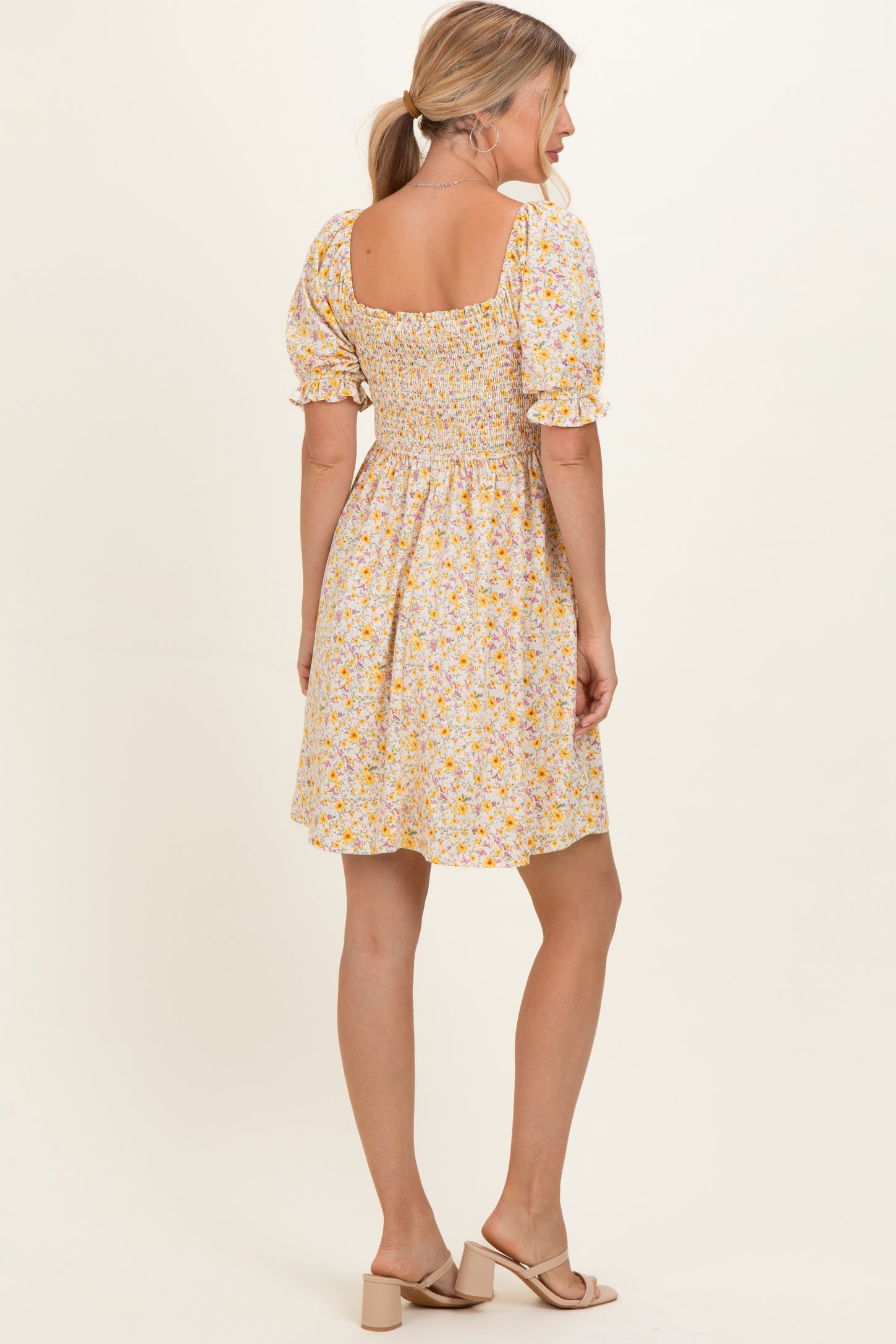 Yellow Multi Ditsy Floral Ruffle Bubble Sleeve Smocked Dress