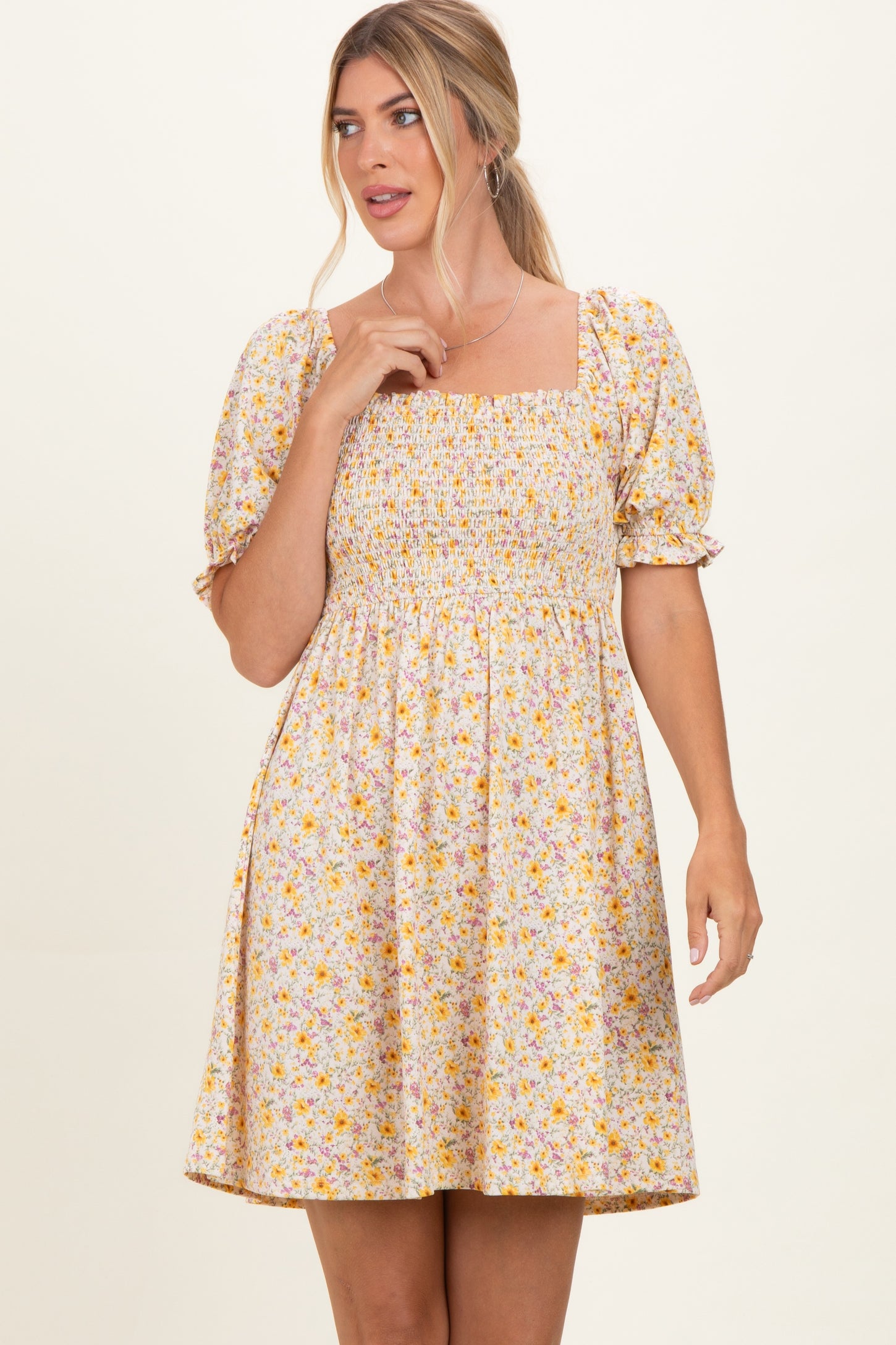 Yellow Multi Ditsy Floral Ruffle Bubble Sleeve Smocked Dress