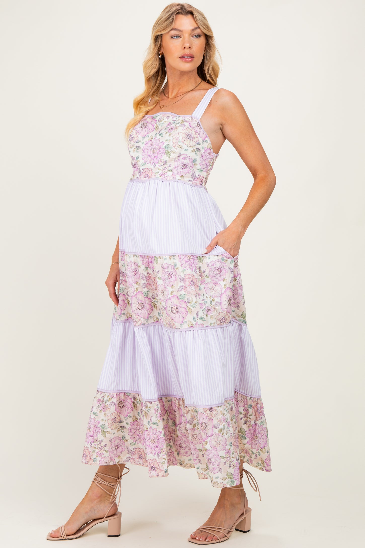 Lavender Multi Floral Tiered Sleeveless Maternity Midi Dress
