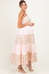Peach Multi Floral Tiered Sleeveless Maternity Midi Dress