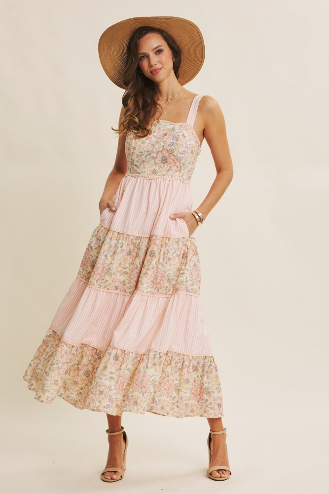 Peach Multi Floral Tiered Sleeveless Midi Dress