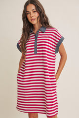 Burgundy/Cream Relaxed Fit Striped Polo Mini Dress