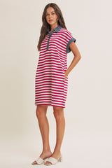 Burgundy/Cream Relaxed Fit Striped Polo Mini Dress