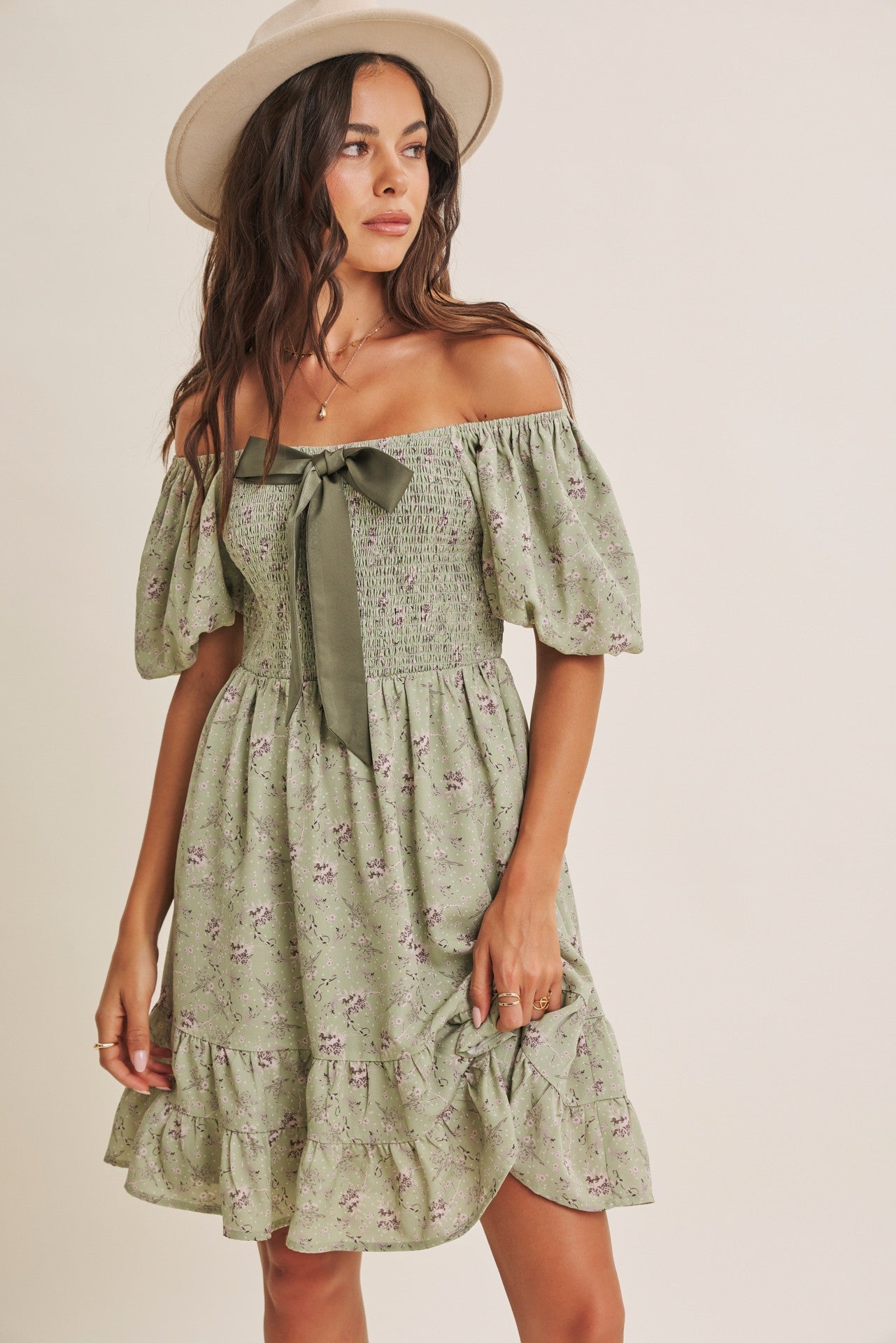 Sage Green Bow Smocked Bubble Sleeve Mini Dress