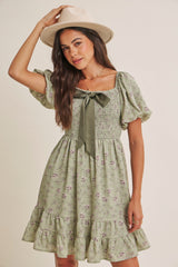 Sage Green Bow Smocked Bubble Sleeve Mini Dress
