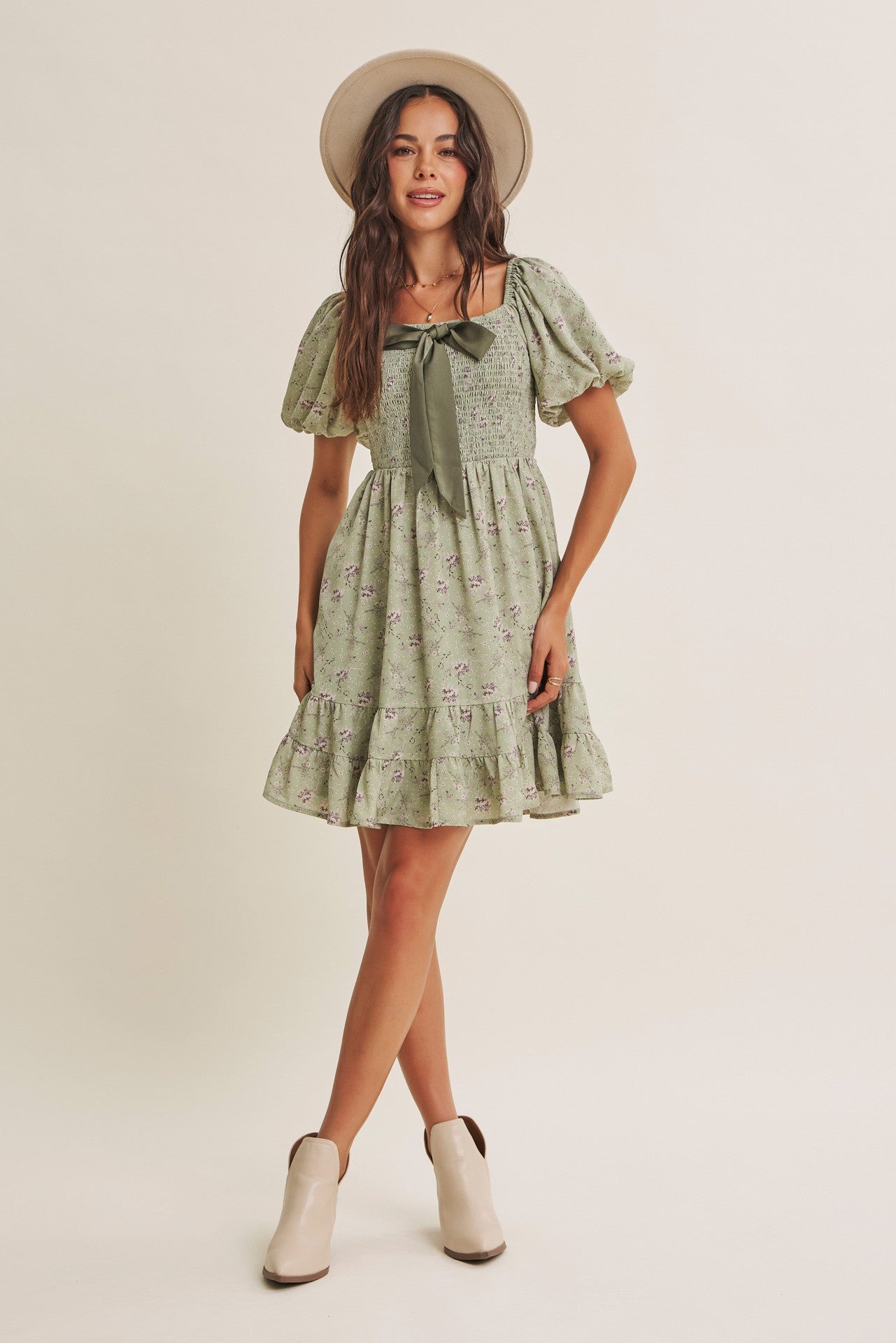 Sage Green Bow Smocked Bubble Sleeve Mini Dress