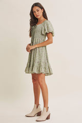 Sage Green Bow Smocked Bubble Sleeve Mini Dress