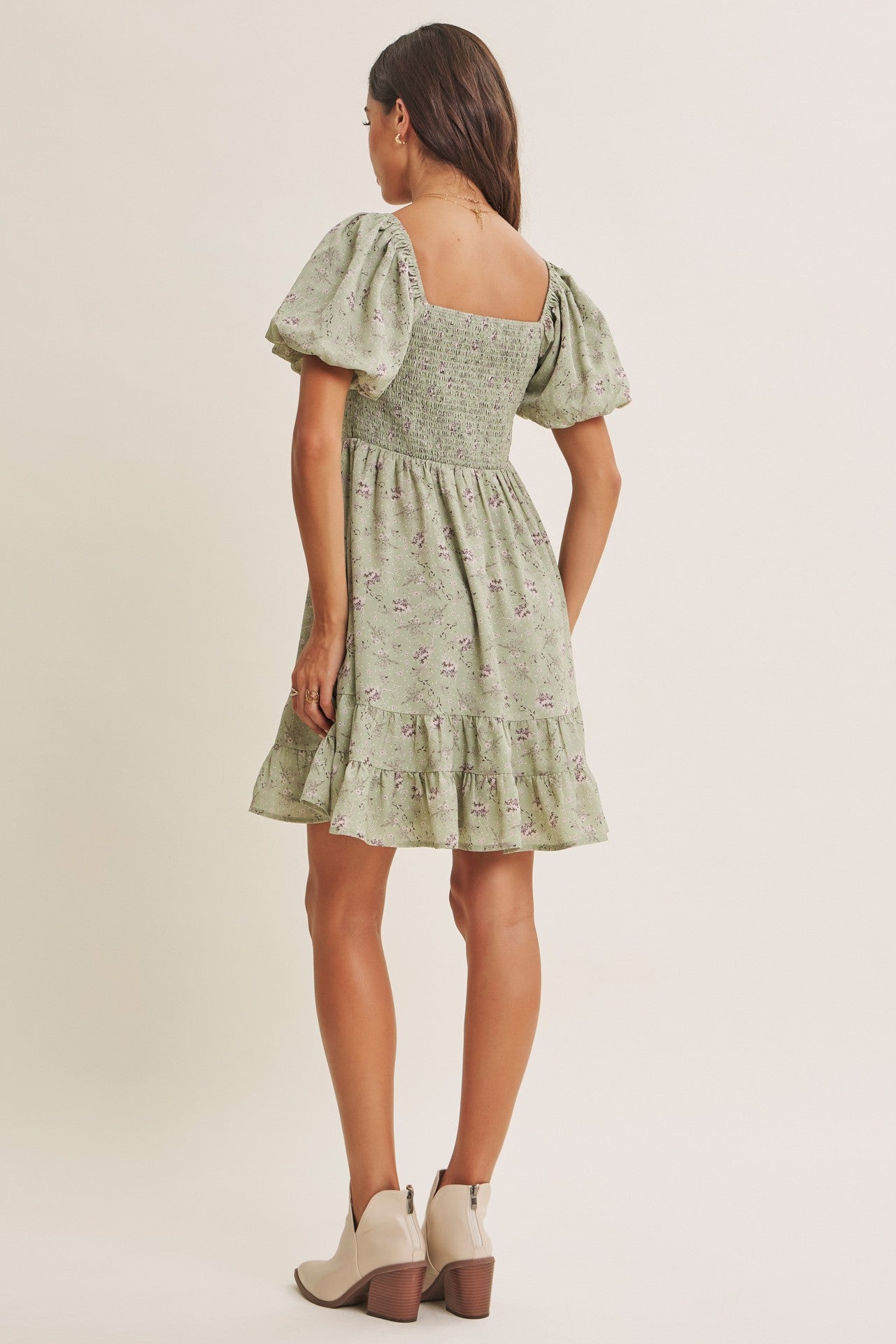 Sage Green Bow Smocked Bubble Sleeve Mini Dress