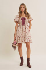 Burgundy Bow Smocked Bubble Sleeve Mini Dress