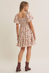 Burgundy Bow Smocked Bubble Sleeve Mini Dress
